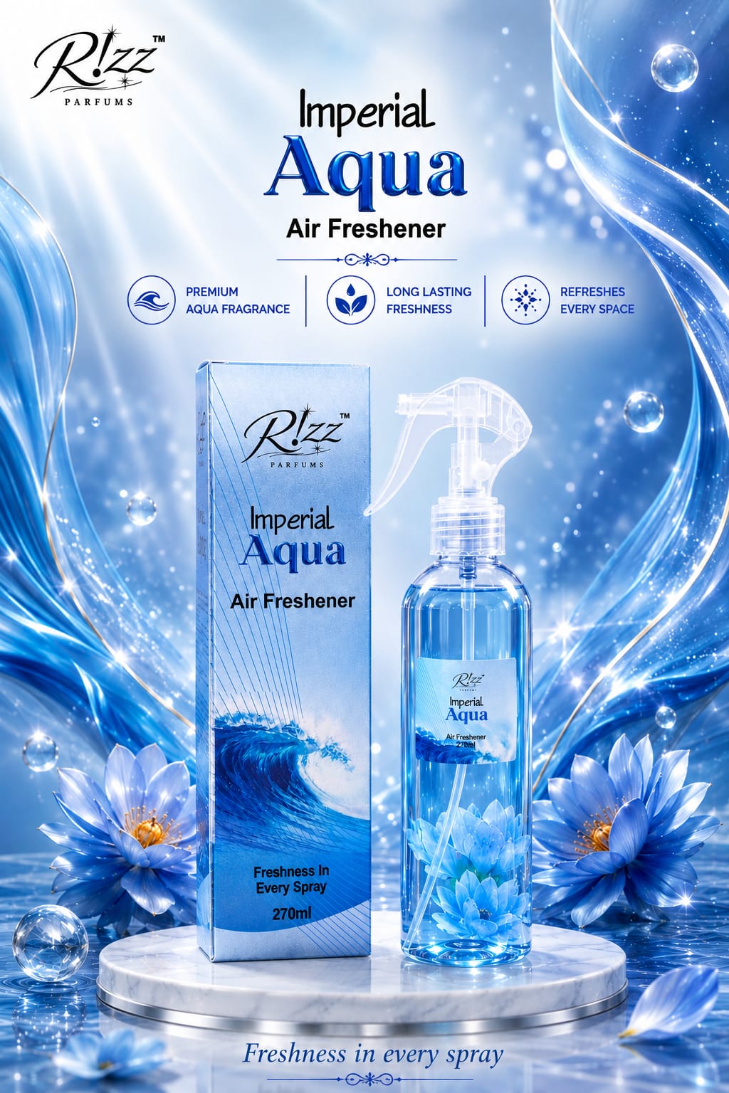 Rizz Parfums Imperial Aqua 270ml premium Arabic air freshener bottle and display box set on a marble base flanked by crystalline blue water patterns and lotus flowers.