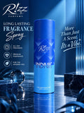 Rizz Parfums Indivis 200ml luxury perfumed deodorant body spray canister standing on a reflective dark marble table flanked by abstract glass spheres.