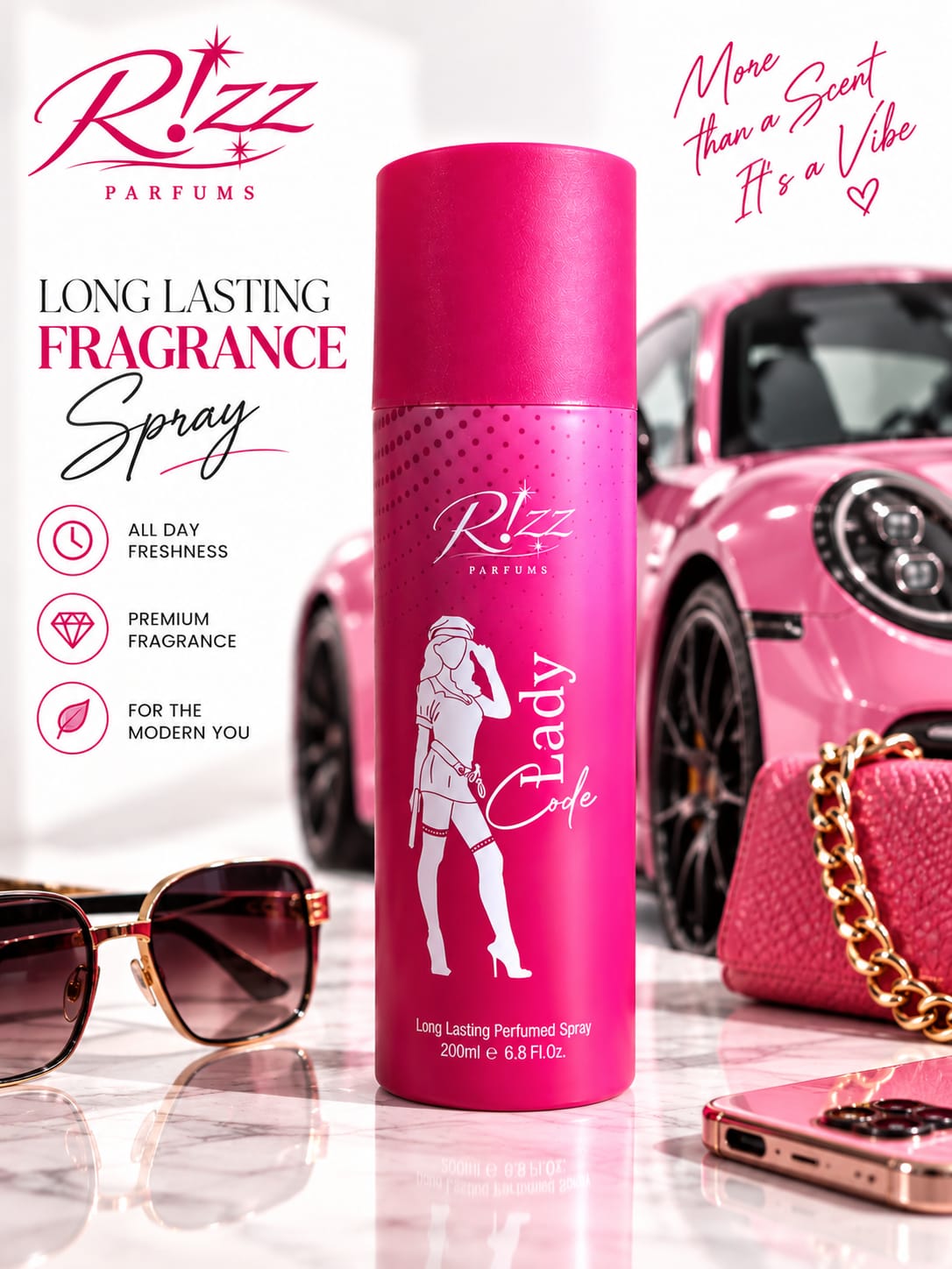 Rizz Parfums Lady Code 200ml luxury hot pink perfumed deodorant body spray canister standing on a marble surface alongside a pink sports car and stylish accessories.