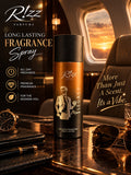 Rizz Parfums Man Legacy 200ml luxury bronze and black perfumed deodorant body spray canister standing inside a private jet cabin next to premium leather travel gear.