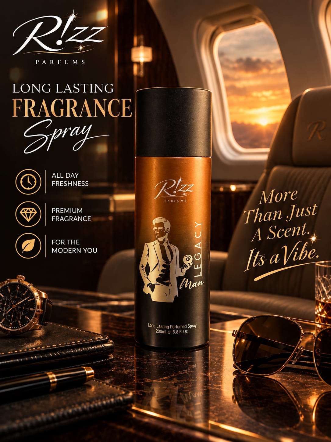 Rizz Parfums Man Legacy 200ml luxury bronze and black perfumed deodorant body spray canister standing inside a private jet cabin next to premium leather travel gear.