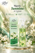 Rizz Parfums Majestic Jasmine 270ml premium Arabic air freshener bottle and display box set on a gold marble base surrounded by fresh blooming white jasmine flowers.
