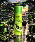 Rizz Parfums No Limits 200ml luxury neon green perfumed deodorant body spray canister standing on a wet pit lane racetrack next to a racing helmet and gloves.
