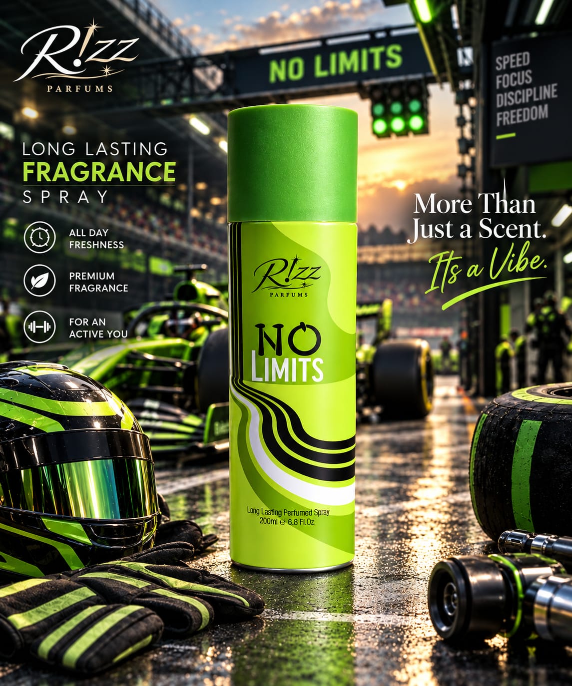 Rizz Parfums No Limits 200ml luxury neon green perfumed deodorant body spray canister standing on a wet pit lane racetrack next to a racing helmet and gloves.
