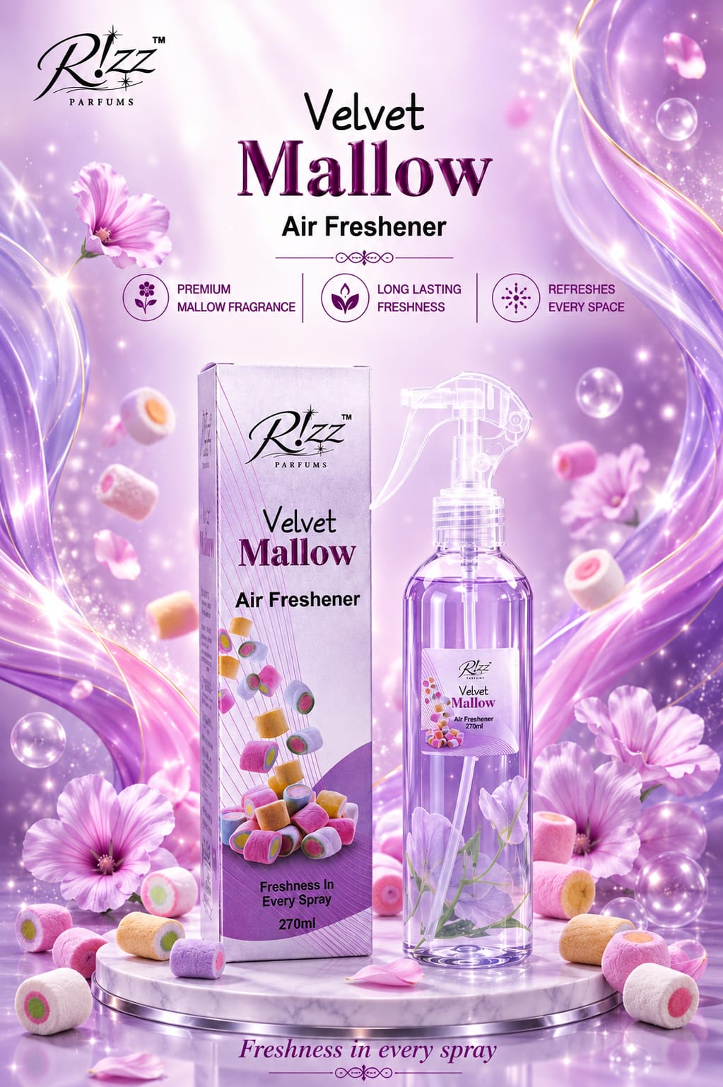 Rizz Parfums Velvet Mallow 270ml premium air freshener bottle and display box set on a white marble pedestal surrounded by colorful marshmallows and mallow flowers.