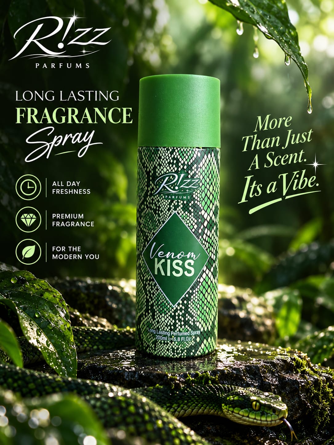 Rizz Parfums Venom Kiss 200ml luxury green snakeskin perfumed deodorant body spray canister standing on wet mossy rocks inside a lush rainforest.
