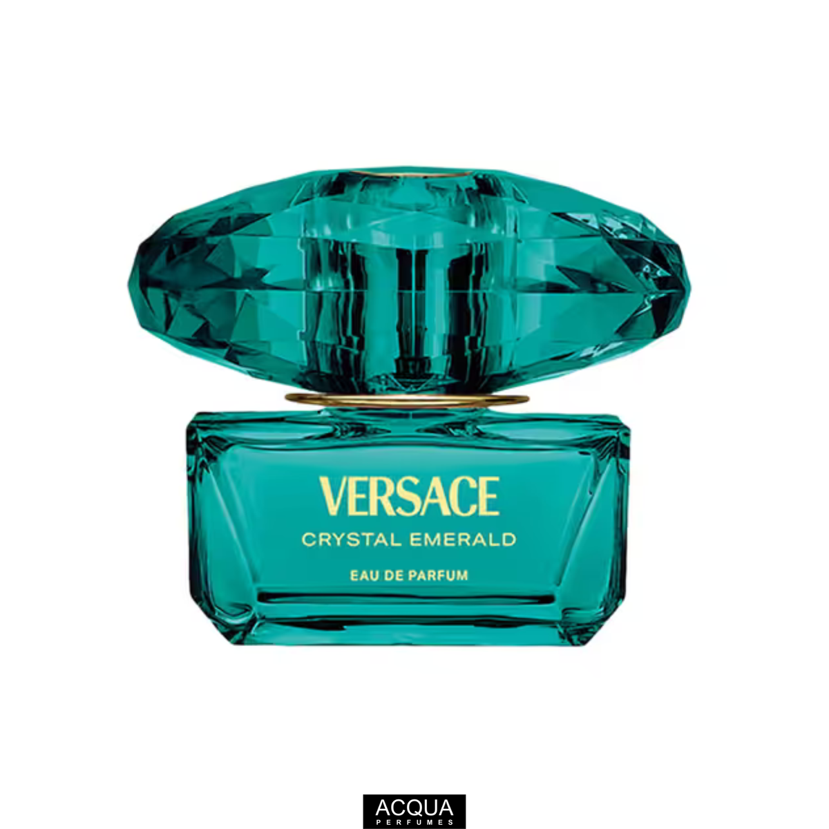 A close-up shot of the elegant 90ml jewel-toned emerald green glass bottle of Versace Crystal Emerald Pour Femme highlighting its signature oversized crystal cap and gold logo detailing.