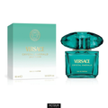Versace Crystal Emerald Eau De Parfum 90ml women's premium perfume bottle cut like a multi-faceted green diamond alongside its luxury emerald and gold retail packaging box on ShopAcqua.com.