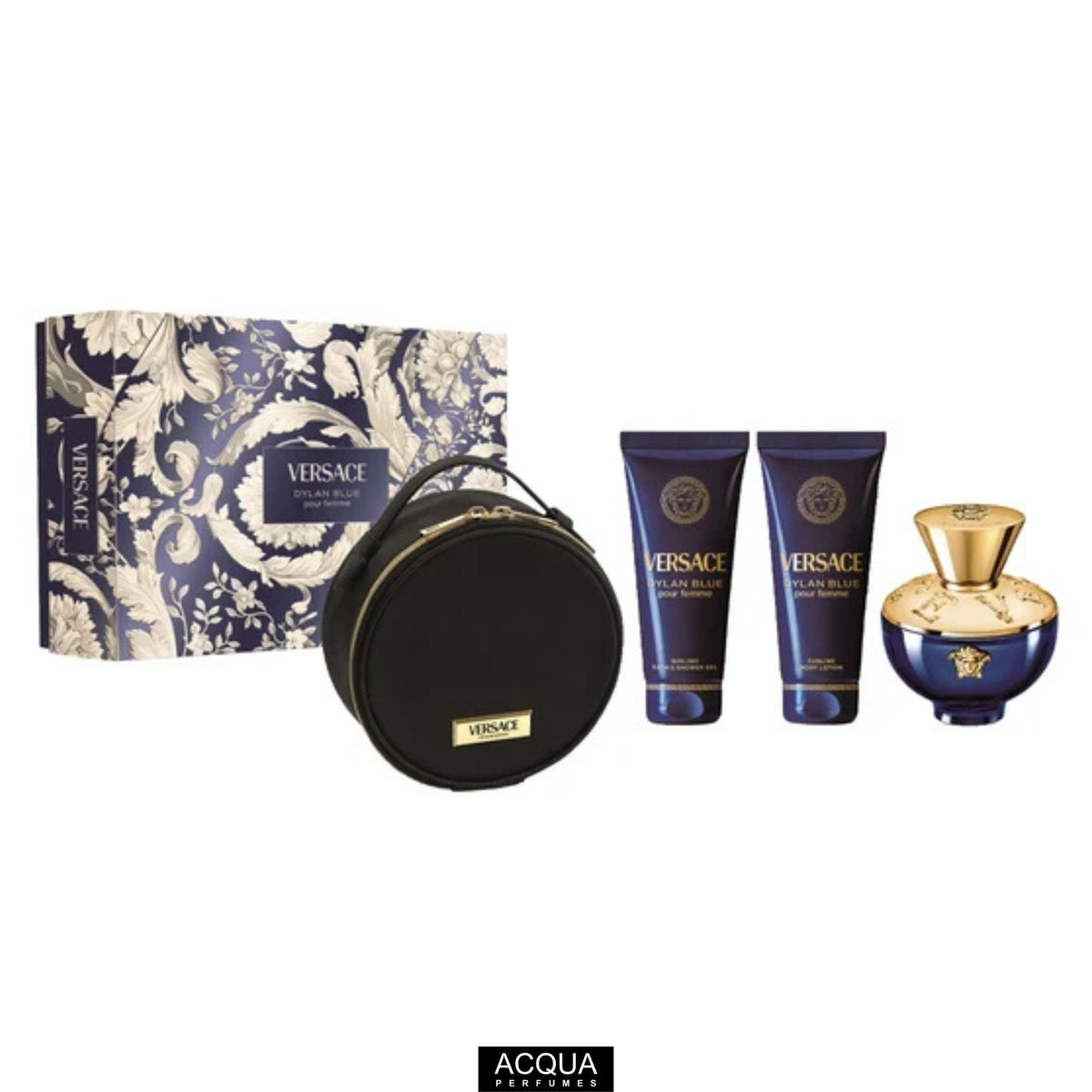 Versace Dylan Blue Pour Femme luxury gift set collection showcasing its 100ml amphora-tinted blue and gold perfume bottle, a 100ml body lotion, a 100ml shower gel, and a premium navy designer makeup case arranged inside its signature gold-detailed box on ShopAcqua.com.