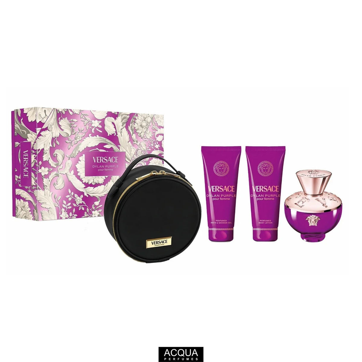 Versace Dylan Purple Pour Femme luxury gift set collection showcasing its 100ml amphora-tinted purple and gold perfume bottle, a 100ml body lotion, a 100ml shower gel, and a premium purple designer makeup case arranged inside its signature gold-detailed box on ShopAcqua.com.