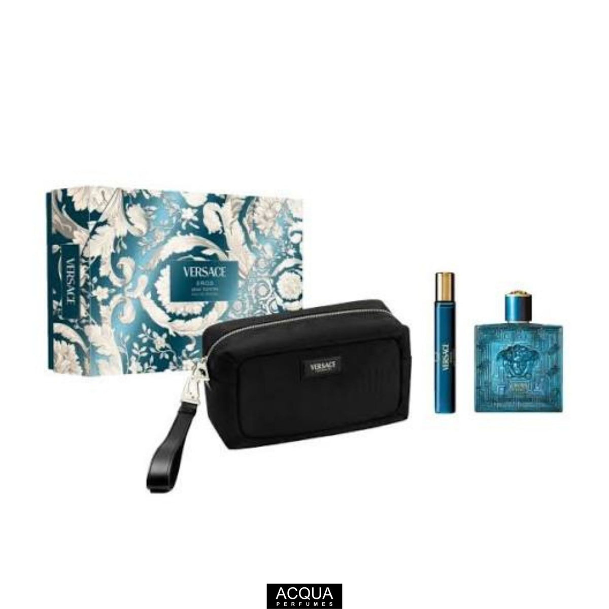 Versace Eros EDP luxury gift set configuration showcasing its 100ml geometric turquoise bottle, a 10ml travel spray cylindrical atomiser, and a premium black designer travel bag arranged inside its signature blue box on ShopAcqua.com