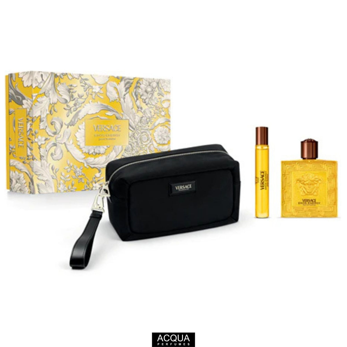 Versace Eros Energy EDP luxury gift set configuration showcasing its 100ml geometric yellow-gold bottle, a 10ml travel spray cylindrical atomiser, and a premium designer cosmetic bag arranged inside its signature yellow retail packaging box on ShopAcqua.com.