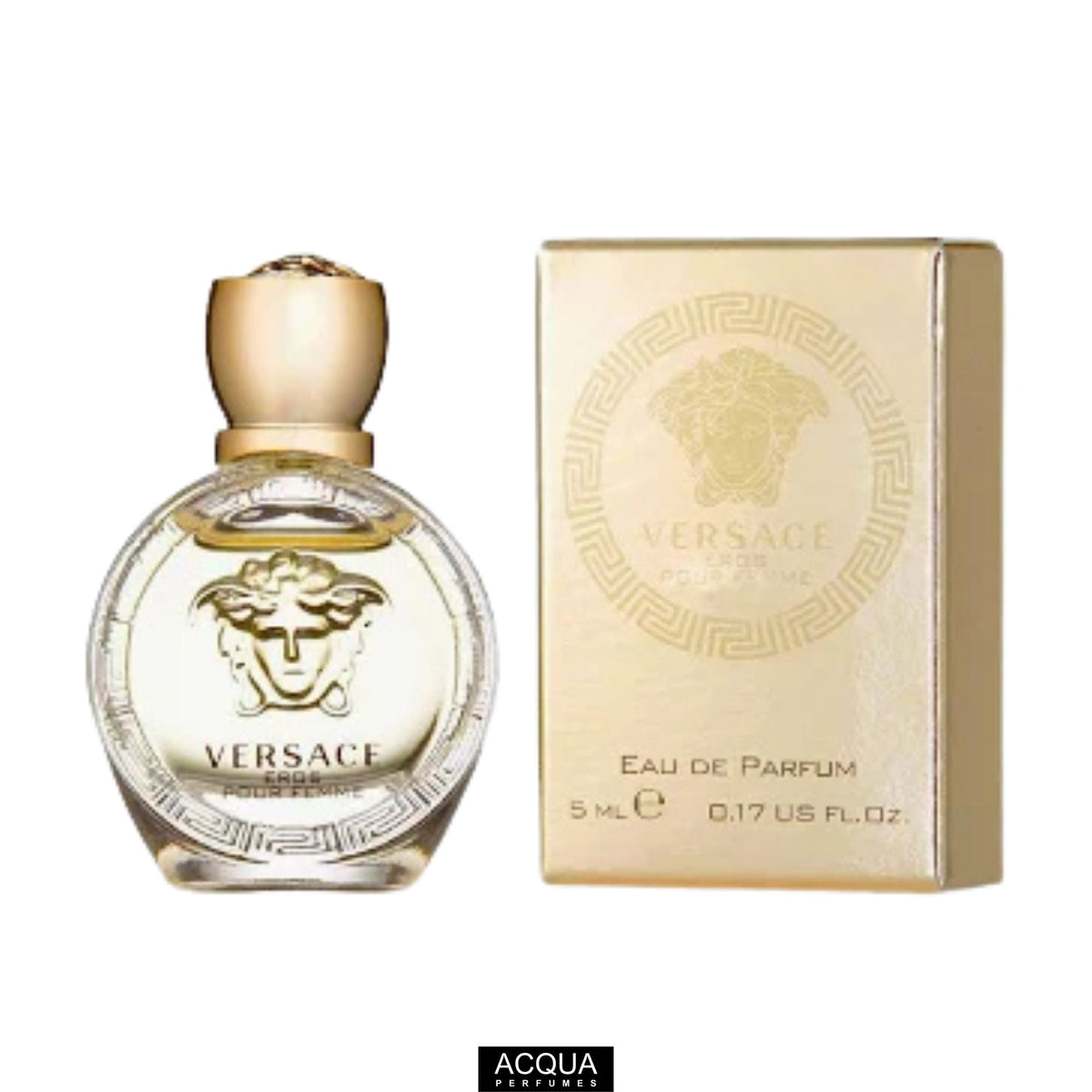 Versace Eros Pour Femme Eau De Parfum 5ml miniature women's perfume bottle showcasing its circular gold metallic faceplate next to its premium matching gold and Greek-key detailed mini presentation box on ShopAcqua.com.