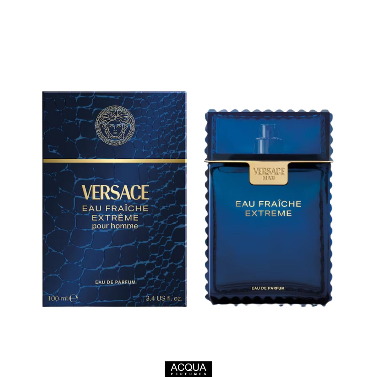 Versace Man Eau Fraîche Eau De Parfum Extreme 100ml men's perfume bottle showcasing its dark turquoise jagged glass design standing beside its premium blue mock-crocodile retail packaging on ShopAcqua.com.