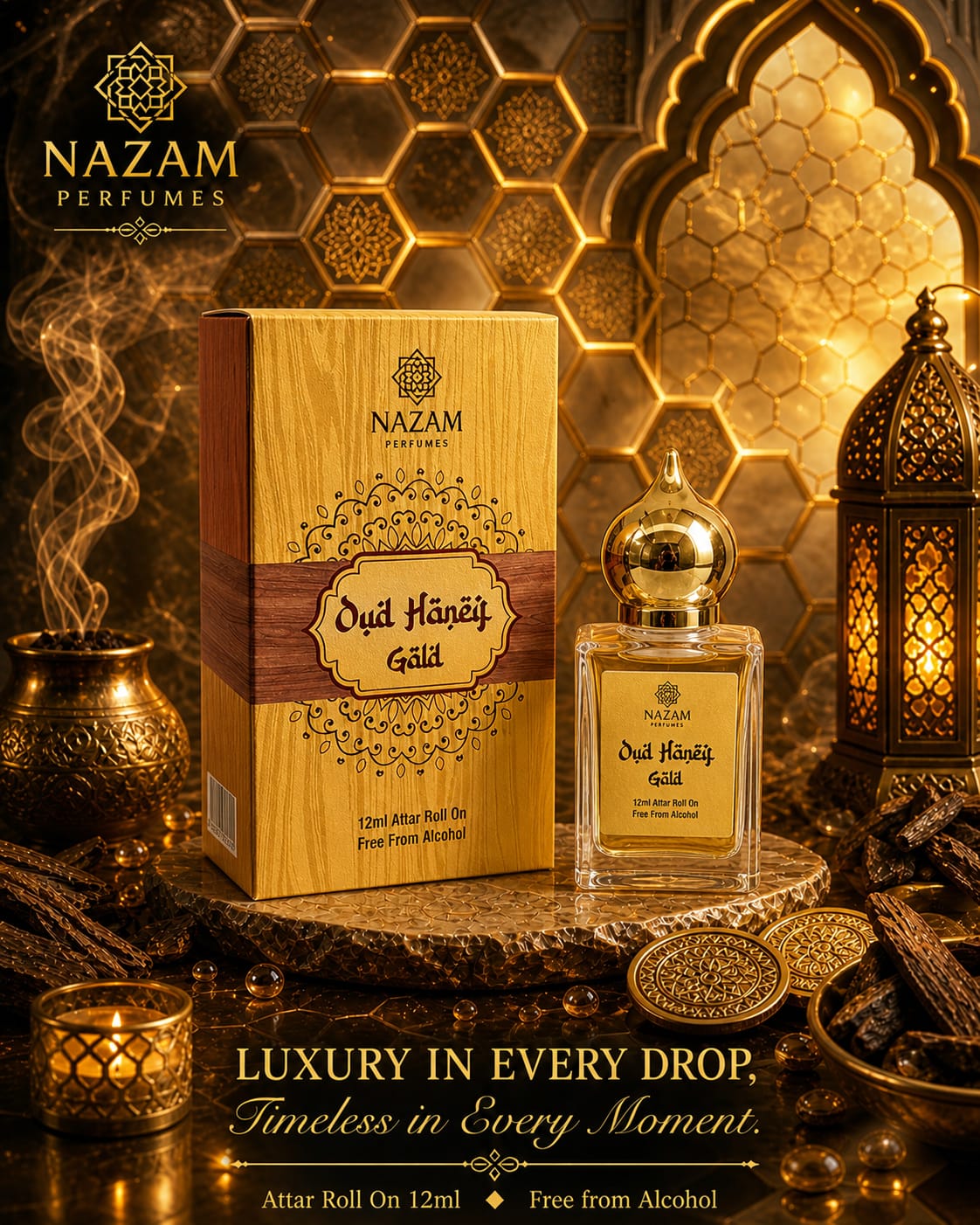 Nazam Perfumes Oud Haneif Gold Attar Roll On Unisex – 12ml