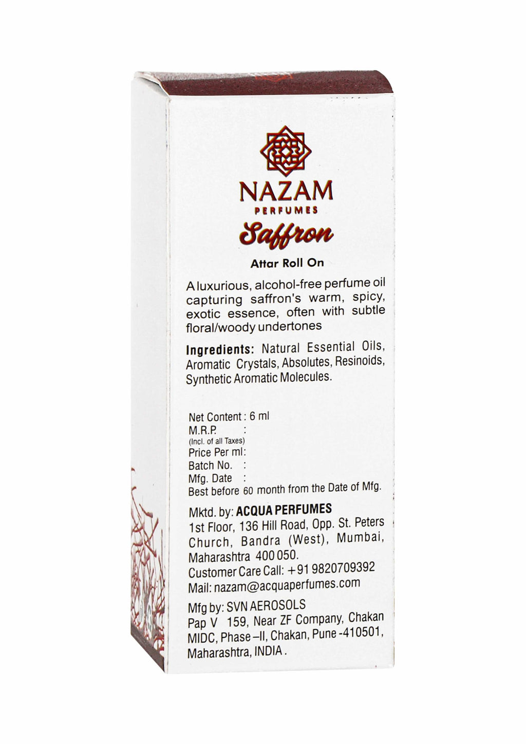 Nazam Perfumes Saffron Attar Roll On – 6ml