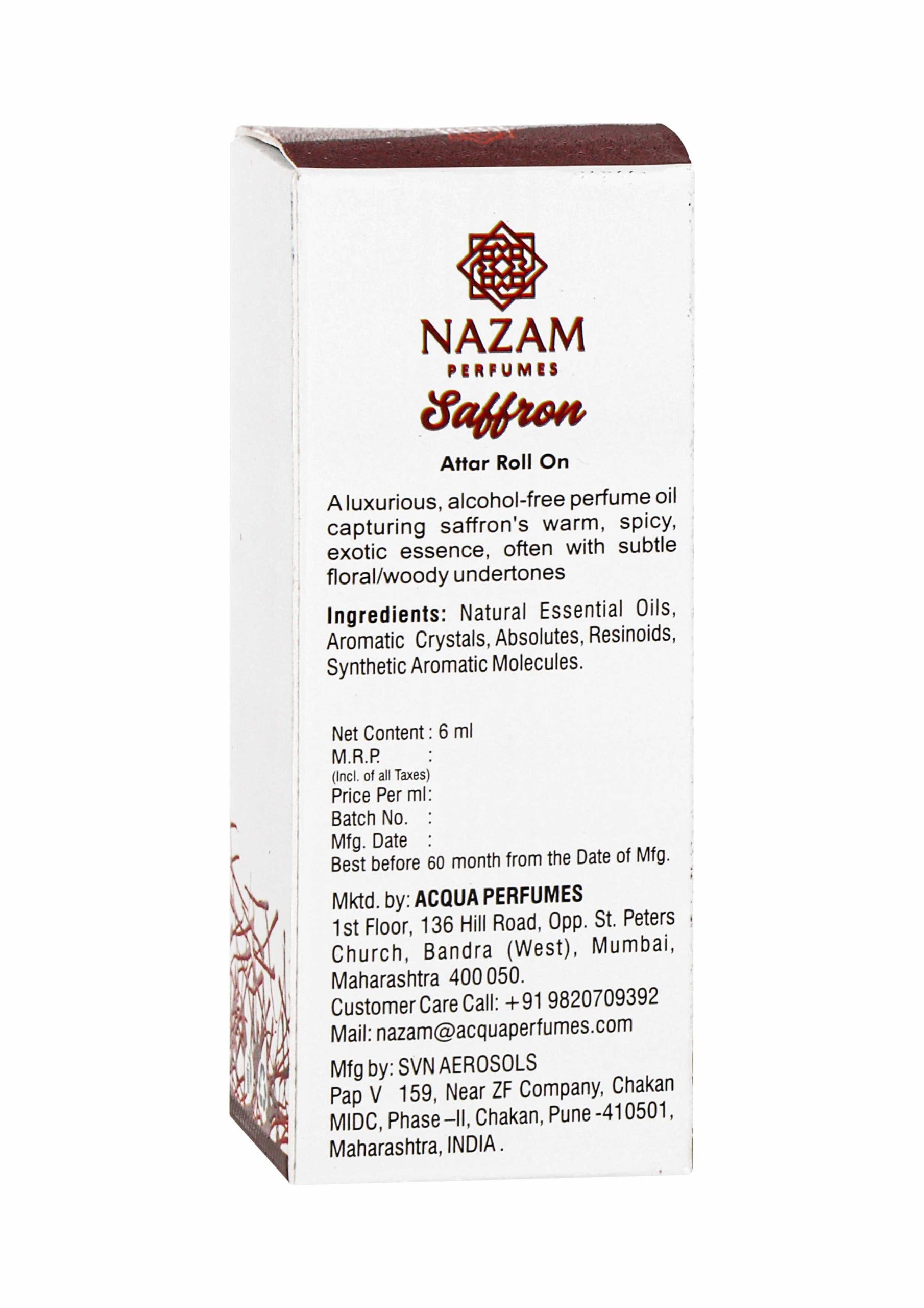 Nazam Perfumes Saffron Attar Roll On – 6ml