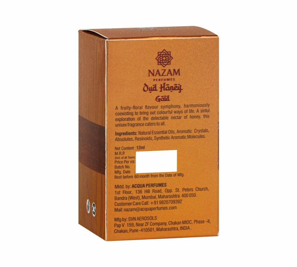 Nazam Perfumes Oud Haneif Gold Attar Roll On Unisex – 12ml
