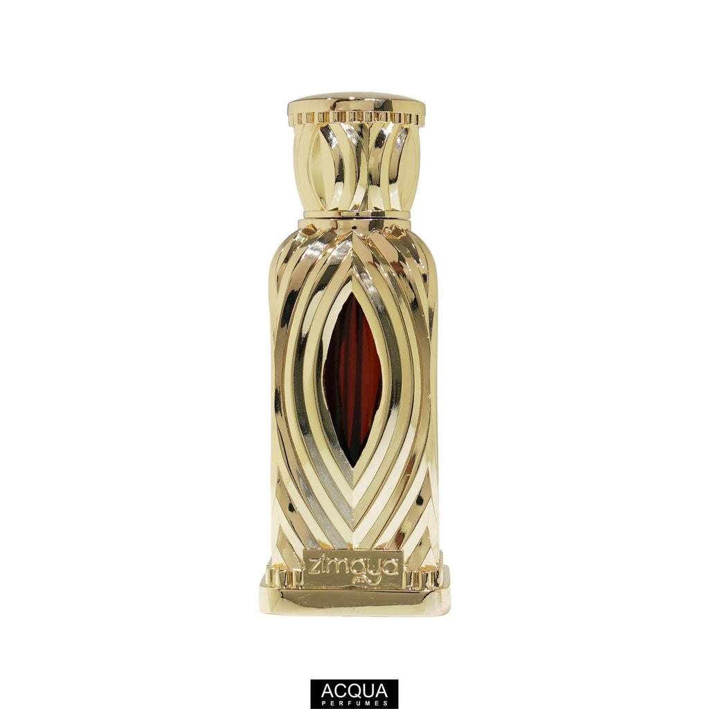 Premium 20ml travel-friendly unisex attar bottle of Zimaya Al Maha Gold alcohol-free Arabian perfume oil showing intricate gold details.