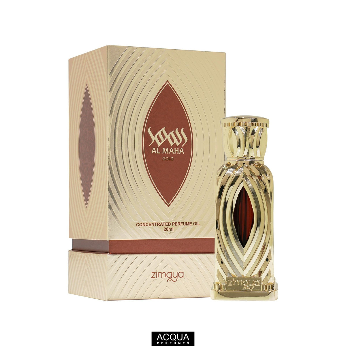 Zimaya Al Maha Gold 20ml Concentrated Perfume Oil heavy metallic ornate bottle and luxury retail presentation box on ShopAcqua.com