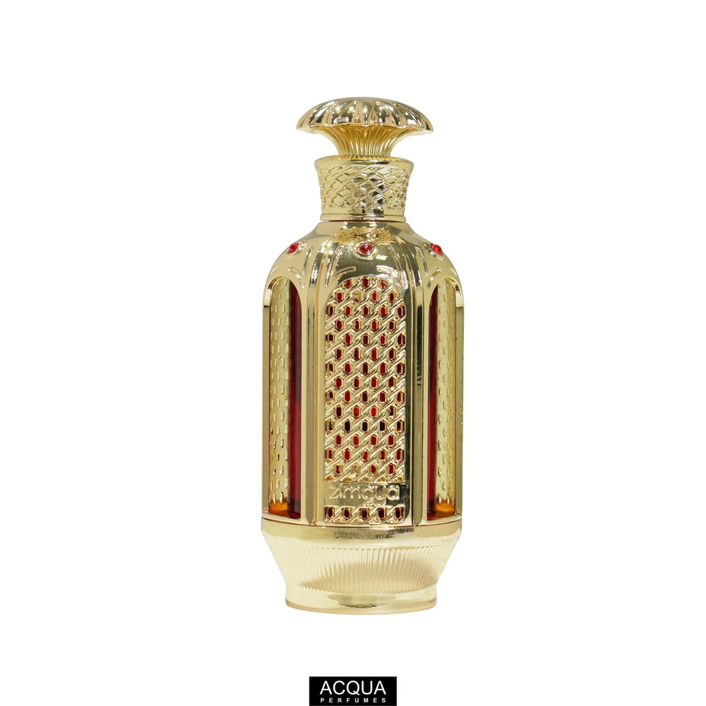 Premium 18ml travel-friendly unisex attar bottle of Zimaya Dar Es Salaam alcohol-free Arabian perfume oil highlighting the gold detailing.