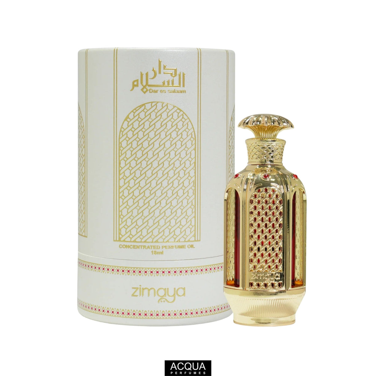 Zimaya Dar Es Salaam 18ml Concentrated Perfume Oil elegant metallic bottle and luxury retail presentation box on ShopAcqua.com