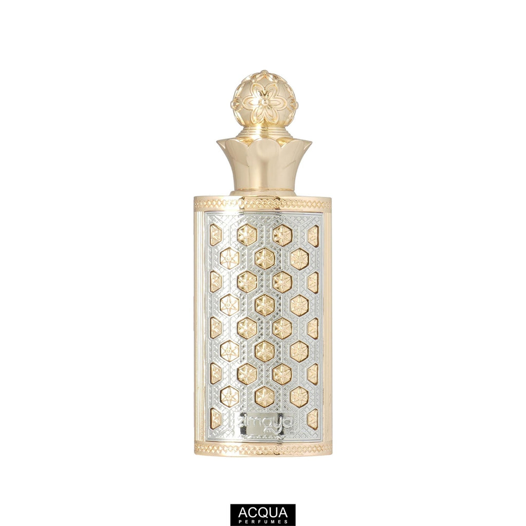 Premium 18ml unisex bottle of Zimaya Nojoum alcohol-free Arabian perfume oil attar showing the detailed silver gold design.