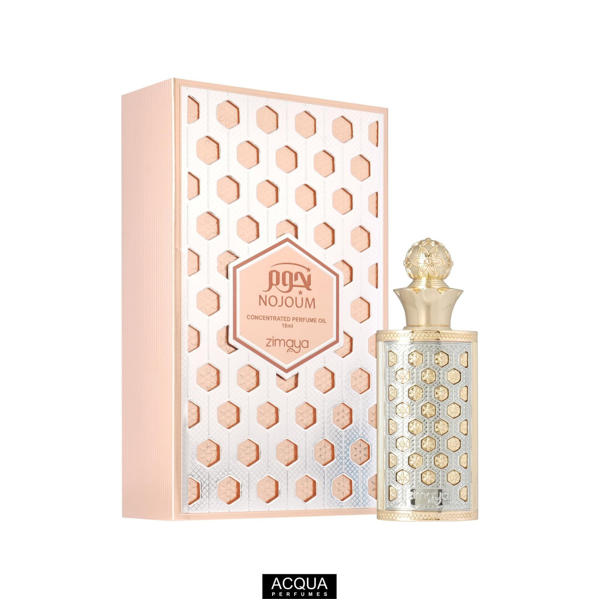 Zimaya Nojoum 18ml Concentrated Perfume Oil elegant metallic bottle and luxury retail presentation box on ShopAcqua.com