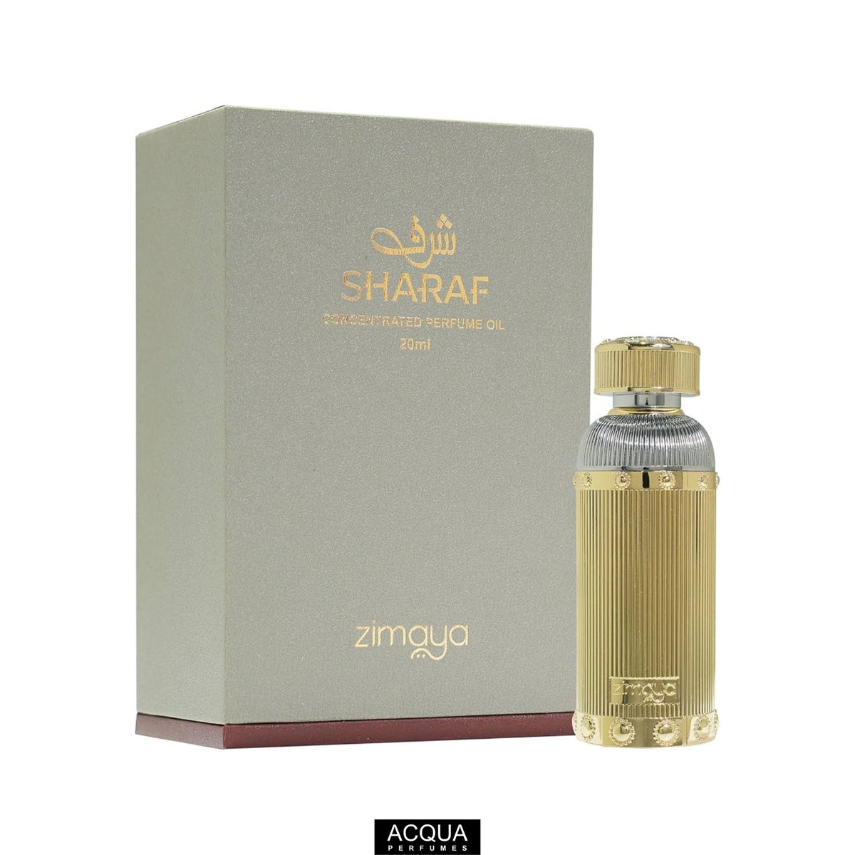 Zimaya Sharaf 20ml Concentrated Perfume Oil ornate gold detailing bottle and luxury retail presentation box on ShopAcqua.com